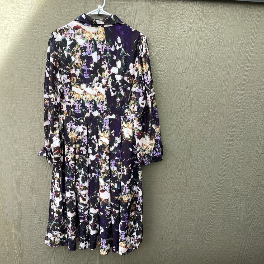 Dalia Macphee Long Sleeve Dress XL Pleated Abstract Floral Collared Button Fron - Picture 2 of 10